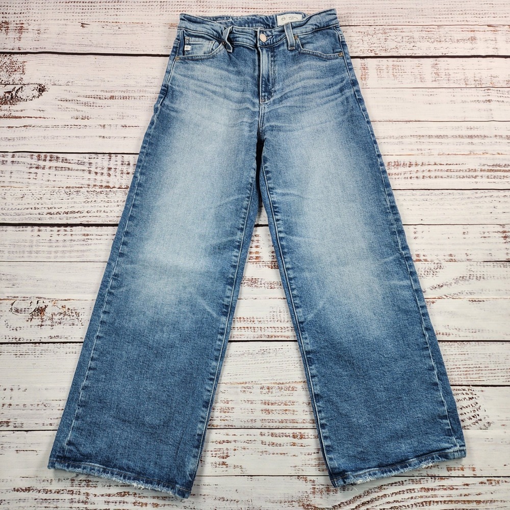 AG Adriano Goldschmied Saige Wide Leg Crop Jeans Mid Rise Blue Denim 25 Raw Hem